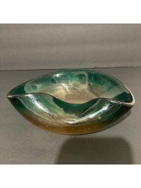 Vintage Murano Green and Yellow Art glass Bon Bon Dish Or Ashtray